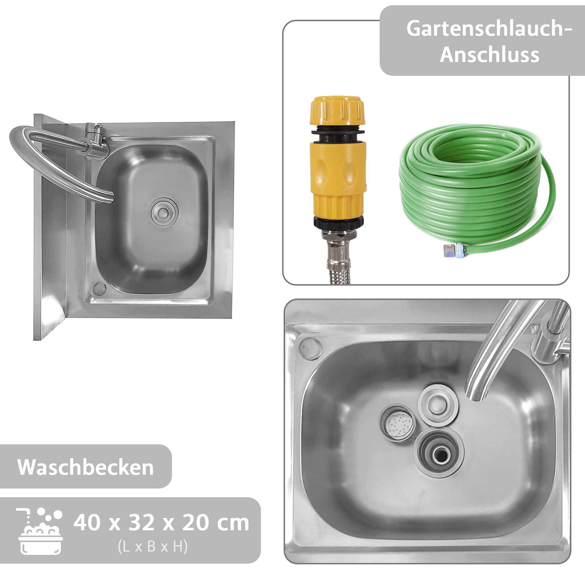 Spültisch freistehend, Wasserhahn mit Gartenschlauch-Anschluss, Spülbecken Spültisch freistehend_Wasserhahn mit Gartenschlauch-Anschluss_M