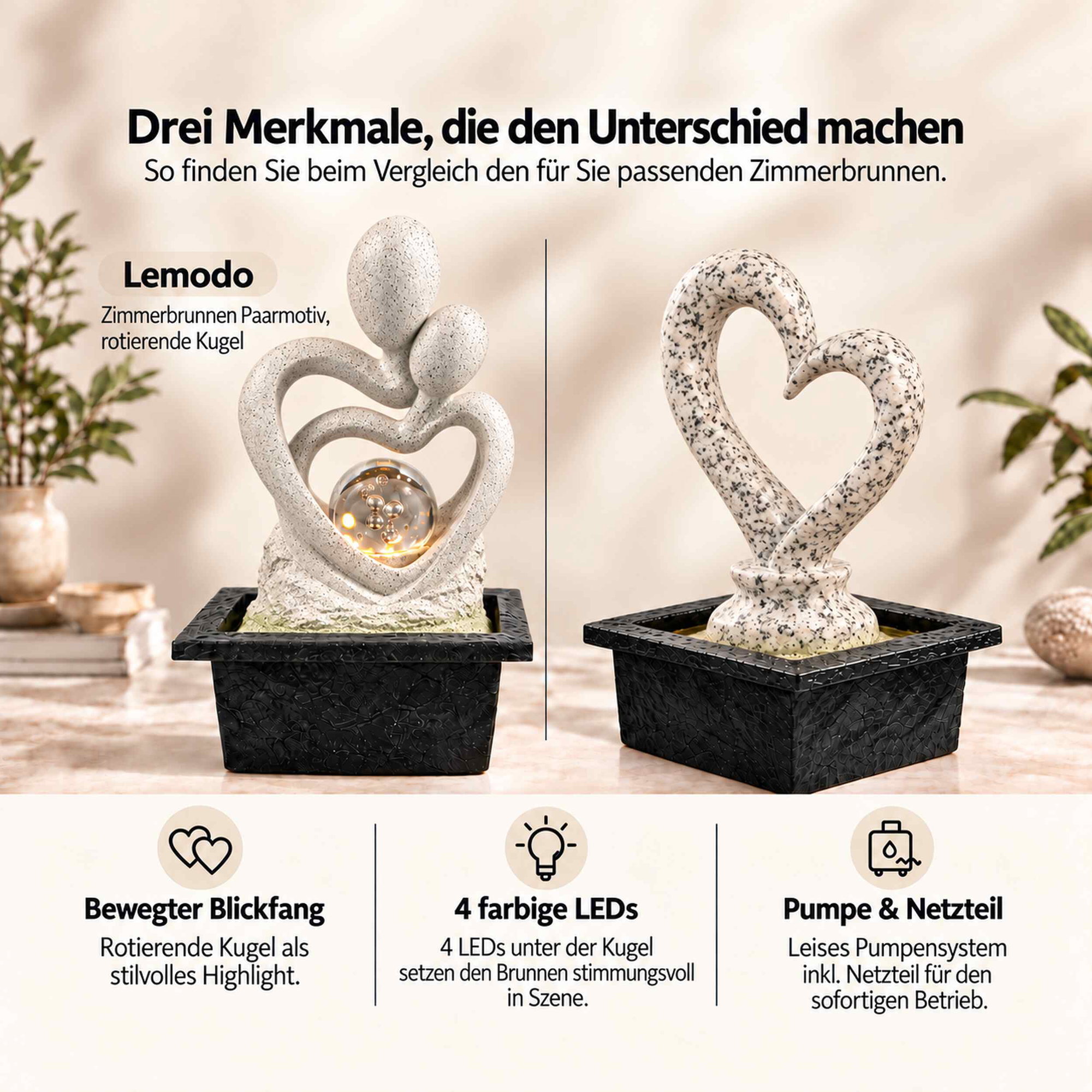 Zwei Zimmerbrunnen im Vergleich: links Lemodo-Brunnen mit Paar in Herzform und rotierender LED-Kugel, rechts Brunnen mit herzförmiger Skulptur, beide auf eckigem schwarzem Sockel.