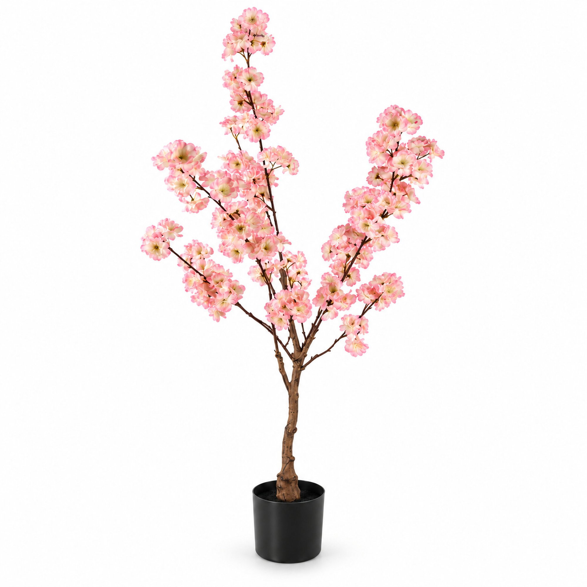Künstlicher Kirschblütenbaum 120 cm rosa-weiß im Topf Künstlicher Kirschblütenbaum mit rosa-weißen Blüten und braunem Stamm in schwarzem Topf vor weißem Hintergrund