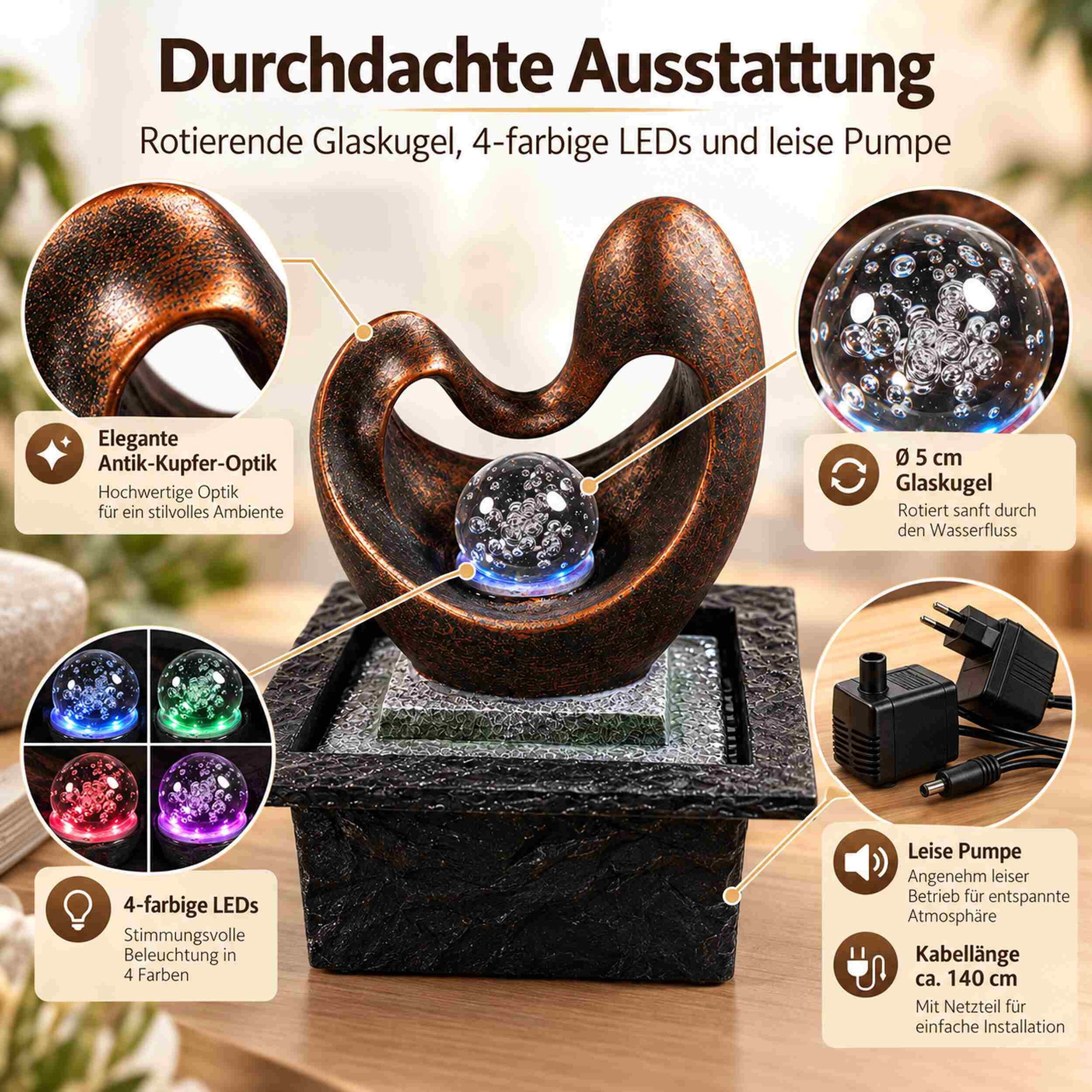 Zimmerbrunnen Herzform mit rotierender Glaskugel und LED-Licht Zimmerbrunnen in Herzform mit Antik-Kupfer-Optik, rotierender Glaskugel, vierfarbigen LEDs und leiser Pumpe auf dunklem Sockel