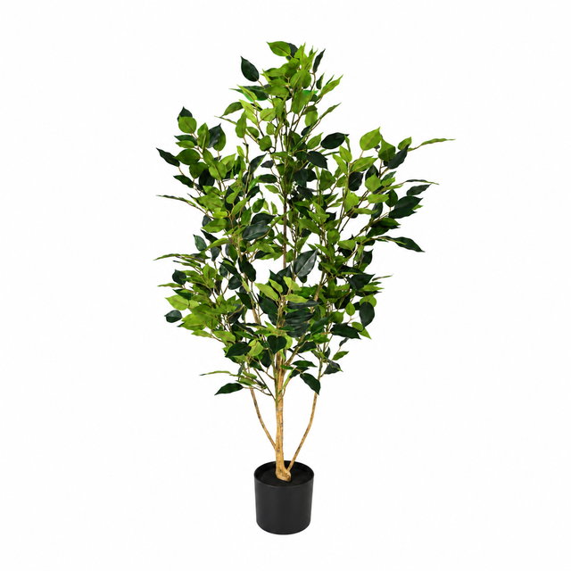 Kunstpflanze Ficus Benjamini 120 cm im Topf Künstlicher Ficus Benjamini mit dichtem grünem Blattwerk und mehreren Stämmen in einem schwarzen Topf vor weißem Hintergrund