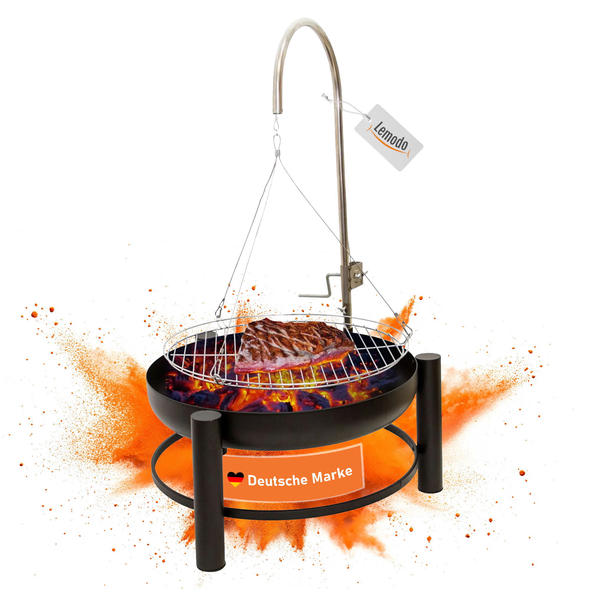 Holzkohlegrill mit stabiler Feuerschale, Schwenkgrill mit höhenverstellbarem Grillrost
