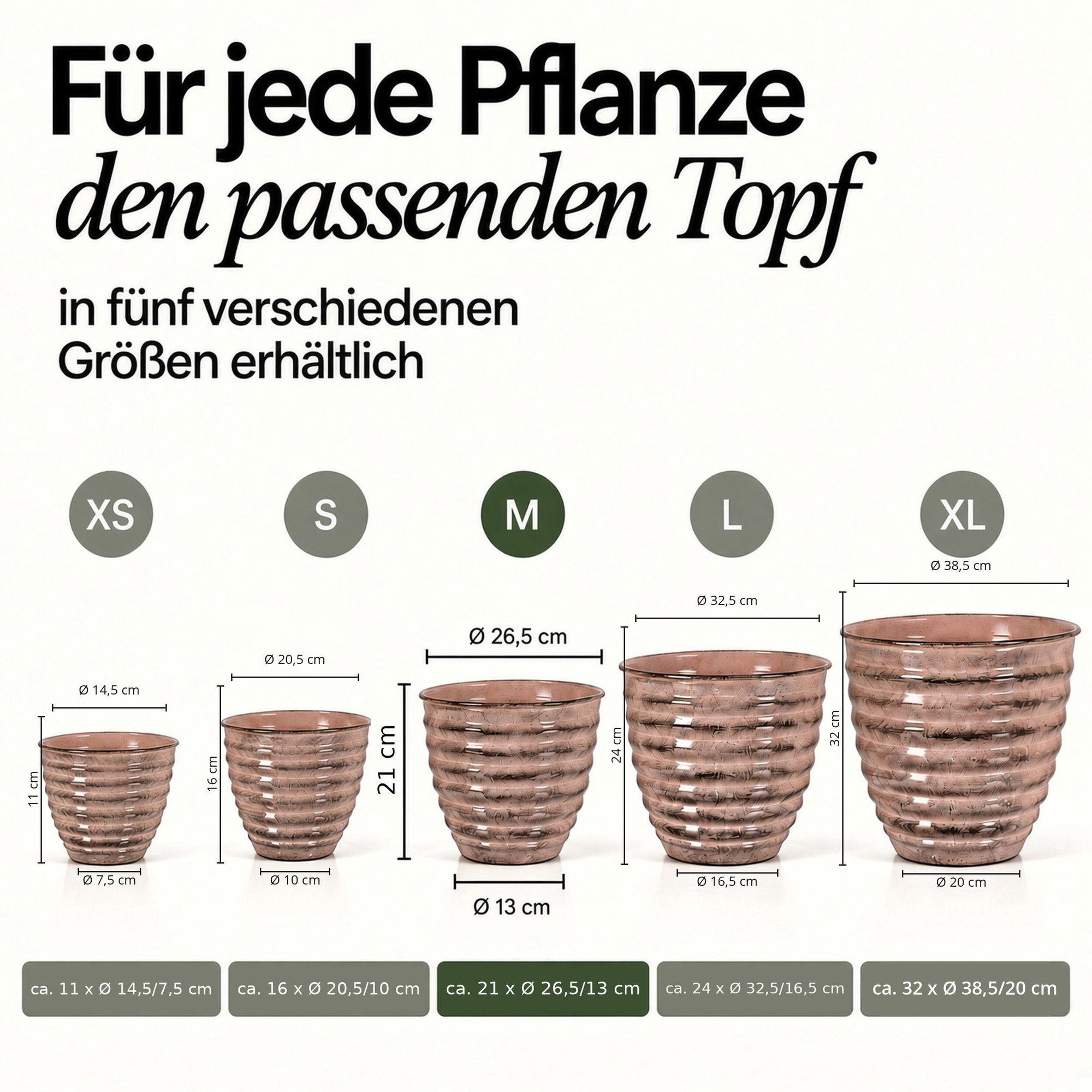Rosa gerippter Pflanztopf in Größe M im Größenvergleich mit XS, S, L und XL