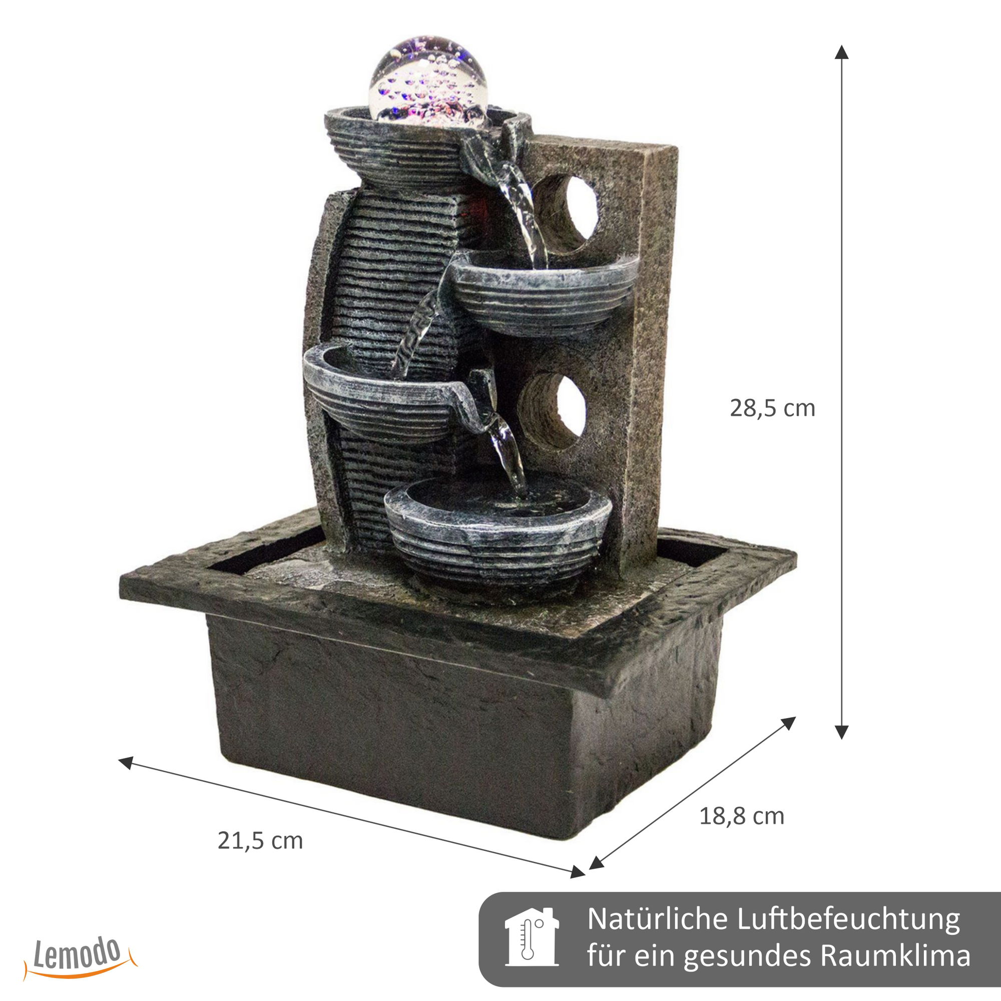 Zimmerbrunnen mit Stufen, LED-Beleuchtung, Dekobrunnen für die Wohnung, moderner Zierbrunnen in ZEN-Optik NA093