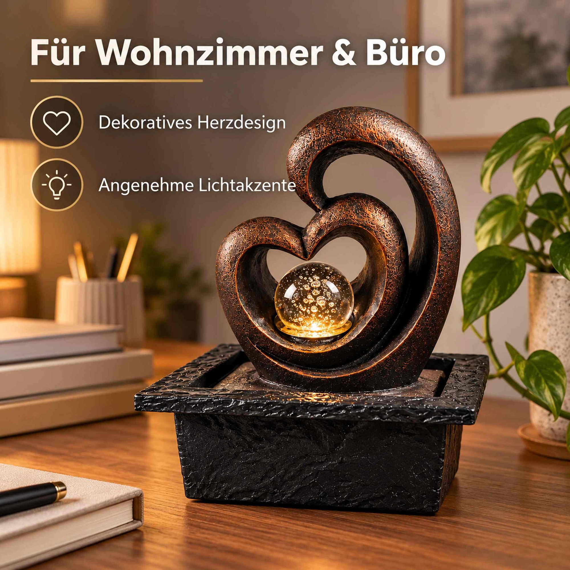 Zimmerbrunnen Herzform mit LED Glaskugel in Antik-Kupfer Zimmerbrunnen in Herzform mit beleuchteter Glaskugel, antik-kupferfarbener strukturierter Oberfläche auf rechteckigem Sockel, auf einem Holzschreibtisch mit Büchern, Stift und Pflanze