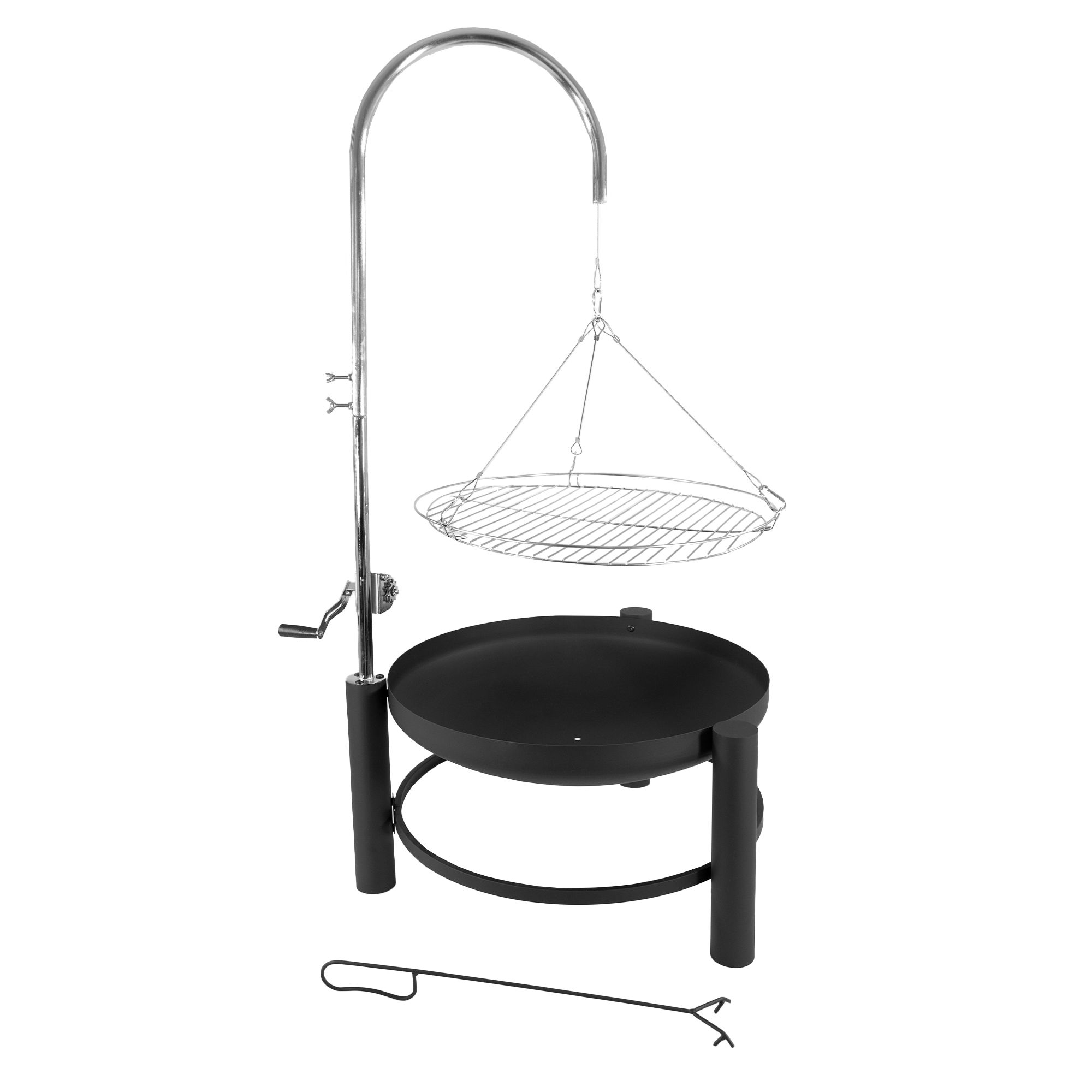 Holzkohlegrill mt schwenkbarem Grillgitter, Feuerschale, Schwenkgrill mit Kurbel