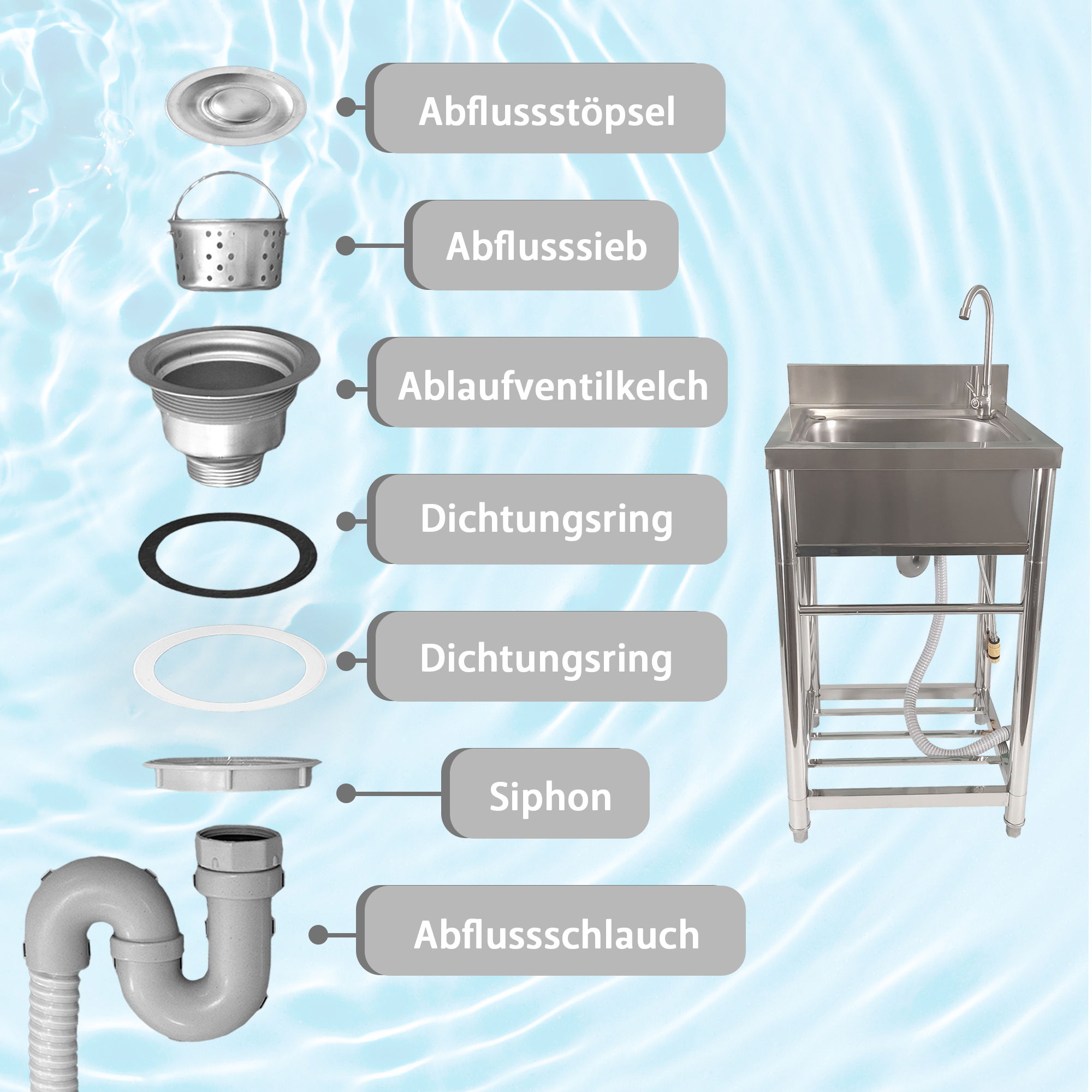 Spültisch freistehend, Wasserhahn mit Gartenschlauch-Anschluss, Spülbecken Spültisch freistehend_Wasserhahn mit Gartenschlauch-Anschluss_M