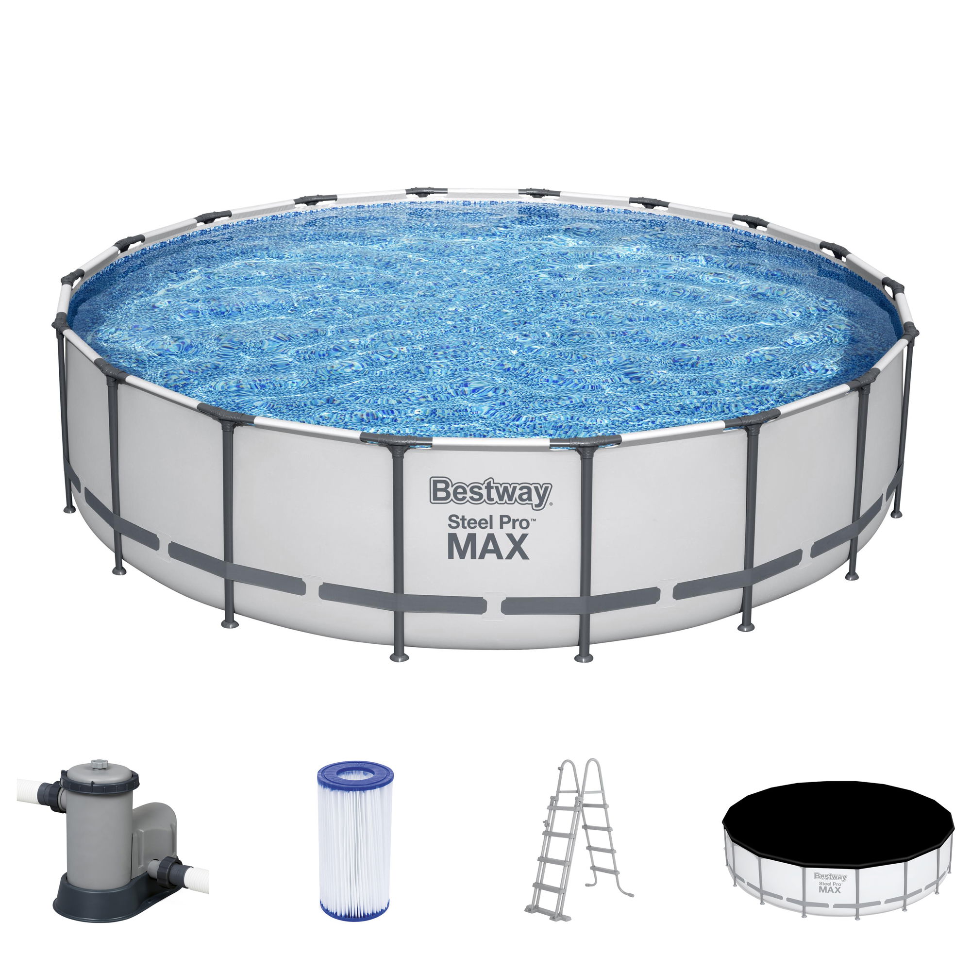 Steel Pro MAX Bestway Frame Pool Komplett-Set mit Filterpumpe Ø 549 x 122 cm, lichtgrau, rund 56462_22