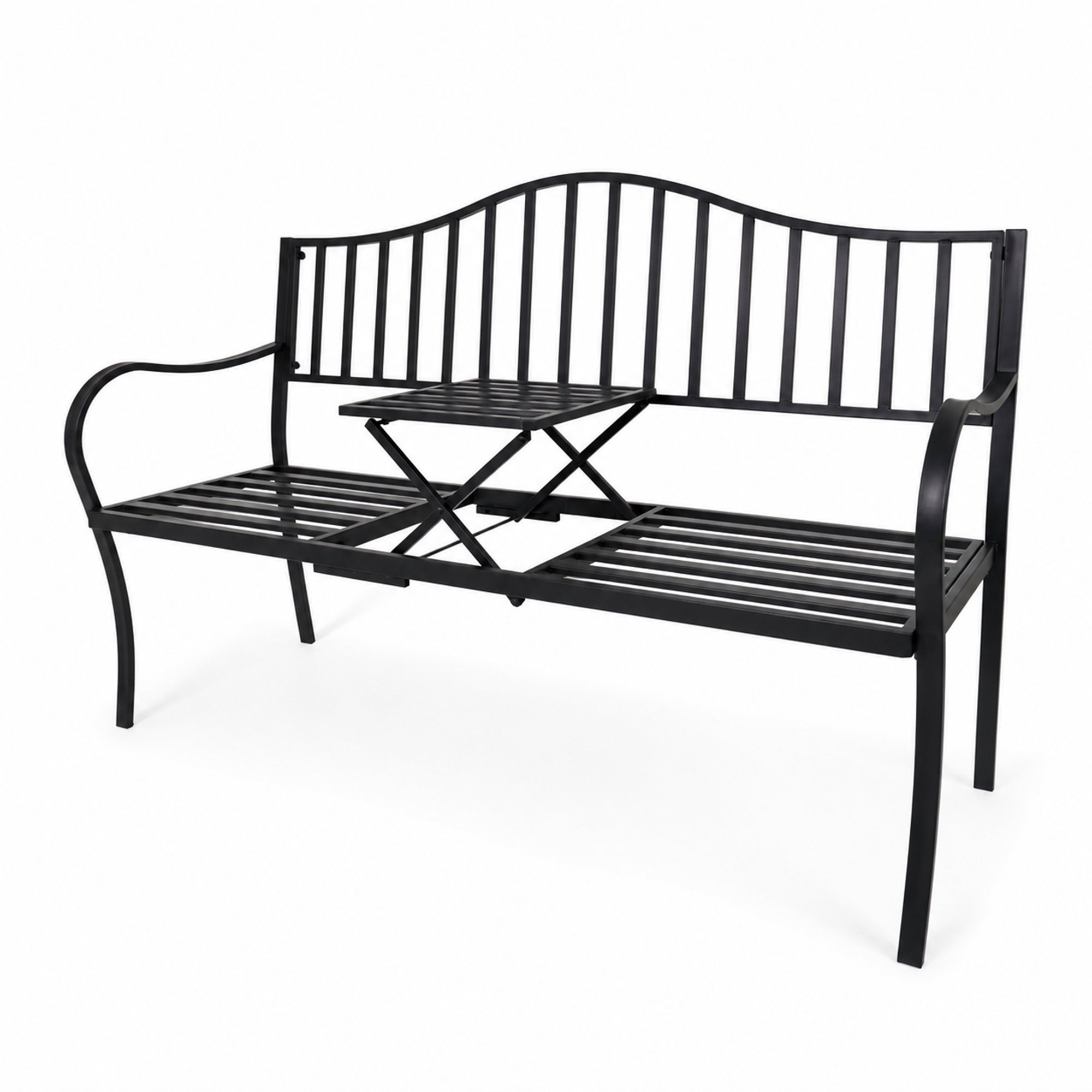 Gartenbank mit Tisch klappbar aus Metall Schwarz für Balkon und Terrasse