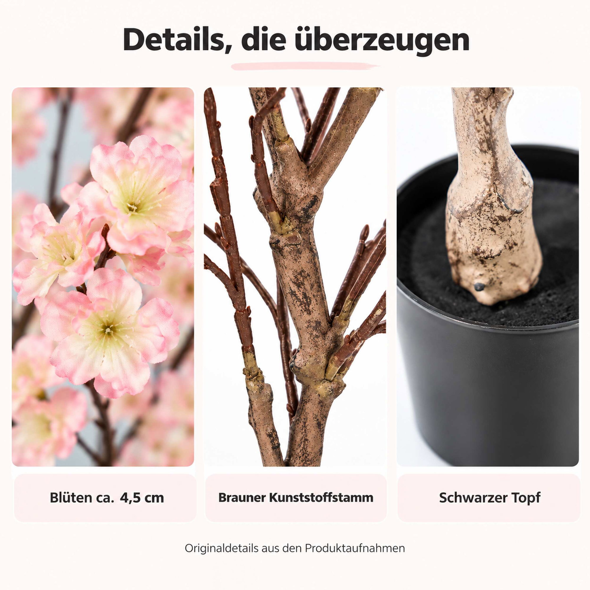 Künstlicher Kirschblütenbaum 120 cm – Detailansicht Drei Detailaufnahmen eines künstlichen Kirschblütenbaums: rosa-weiße Blüten, brauner Kunststoffstamm und schwarzer Topf.
