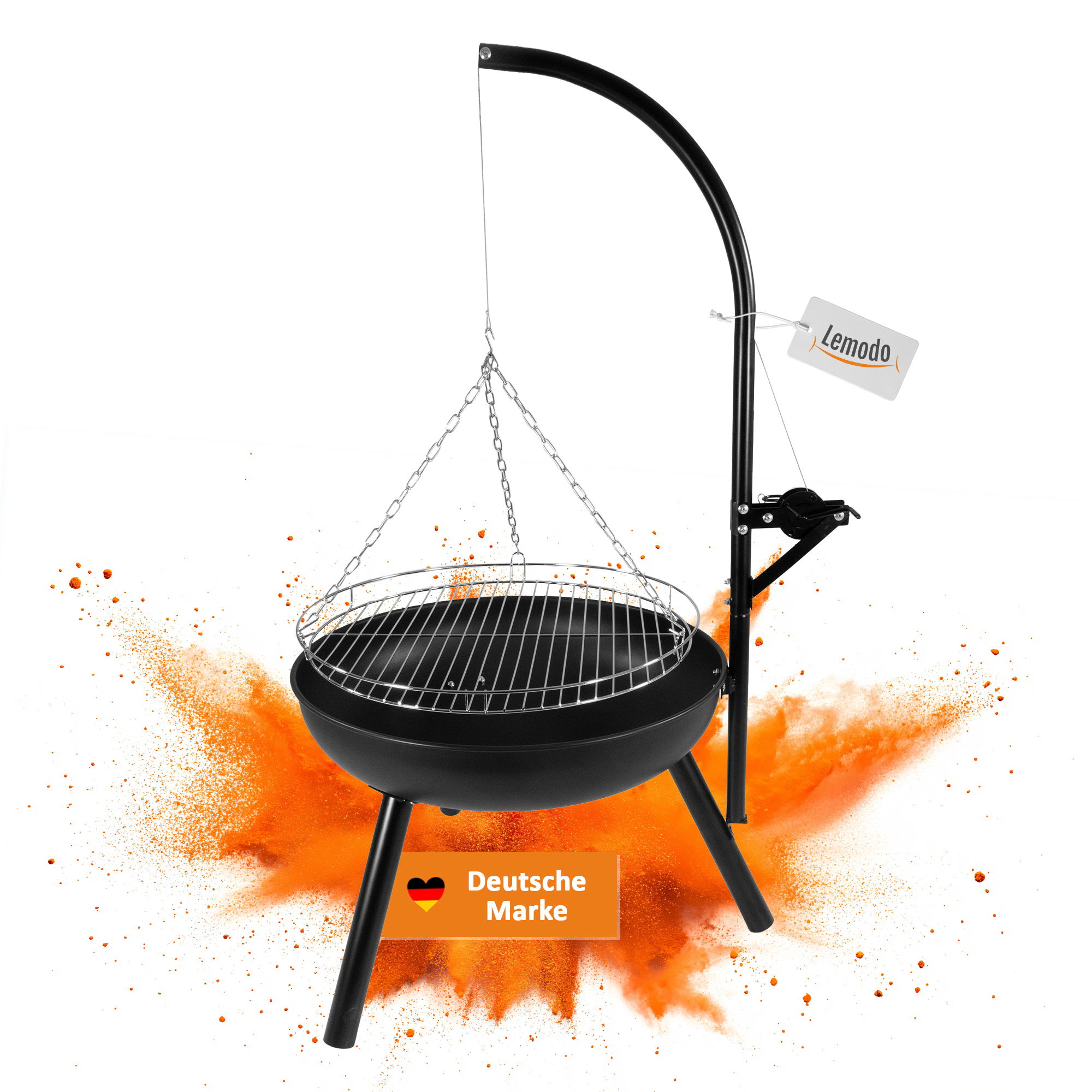Holzkohlegrill mit stabiler Feuerschale, Schwenkgrill mit höhenverstellbarem Grillrost