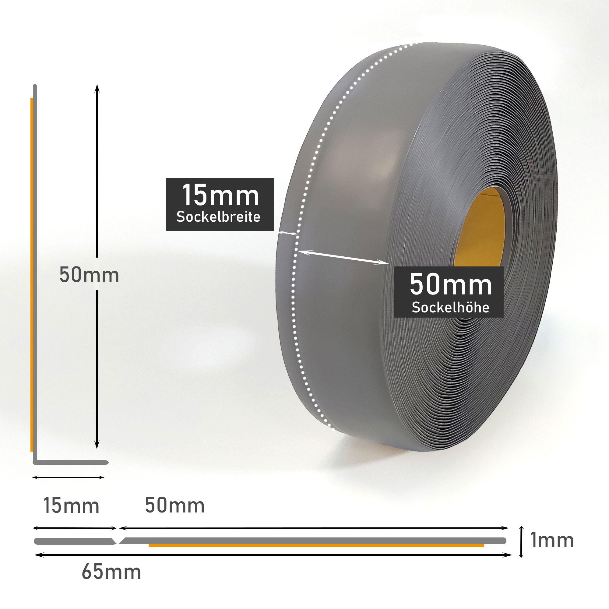 Sockelleiste selbstklebend grau, 25 m L, Weichsockelleiste auf Rolle, Fußleiste MS005