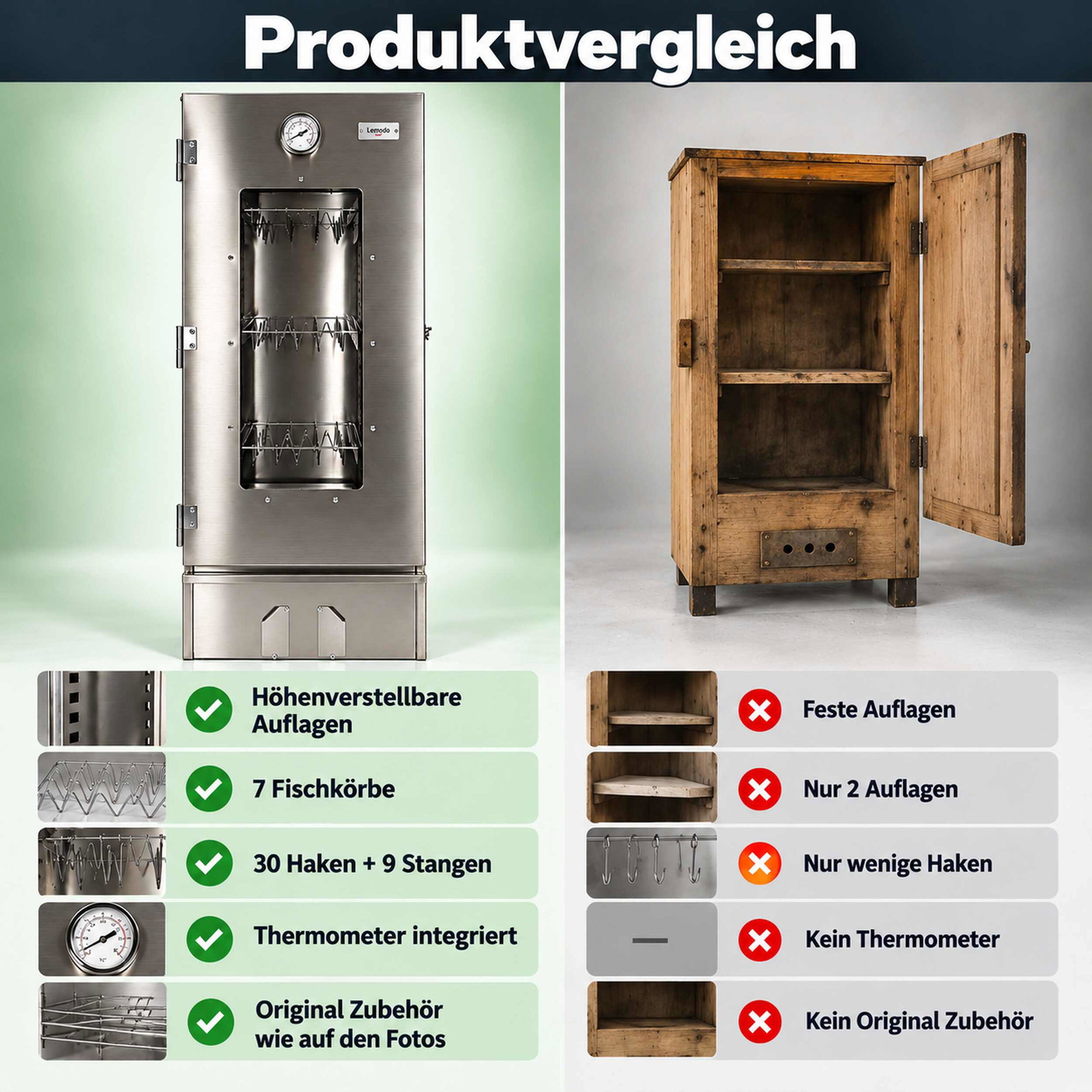 Räucherofen Edelstahl im Produktvergleich Produktvergleich: Edelstahl-Räucherofen mit 7 Fischkörben, 30 Haken, 9 Stangen und integriertem Thermometer neben einem Holz-Räucherofen ohne Zubehör