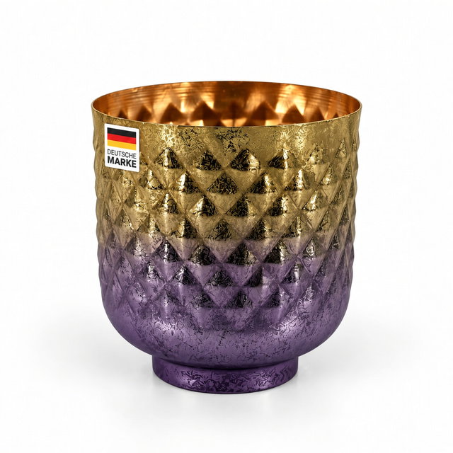 Pflanztopf Metall handgefertigt 23,5 cm hoch mit Ablaufstopfen, gold-violett