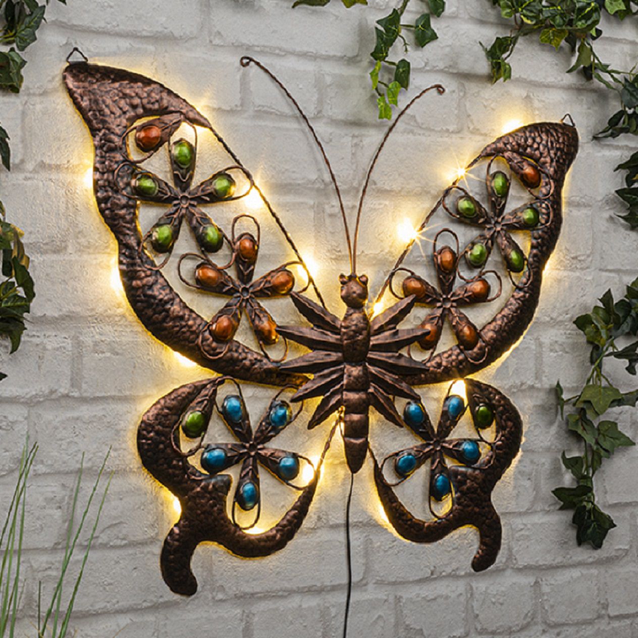 Solar Schmetterling mit warmweißen LEDs, Wandbild aus Metall, Wanddeko HH-70458