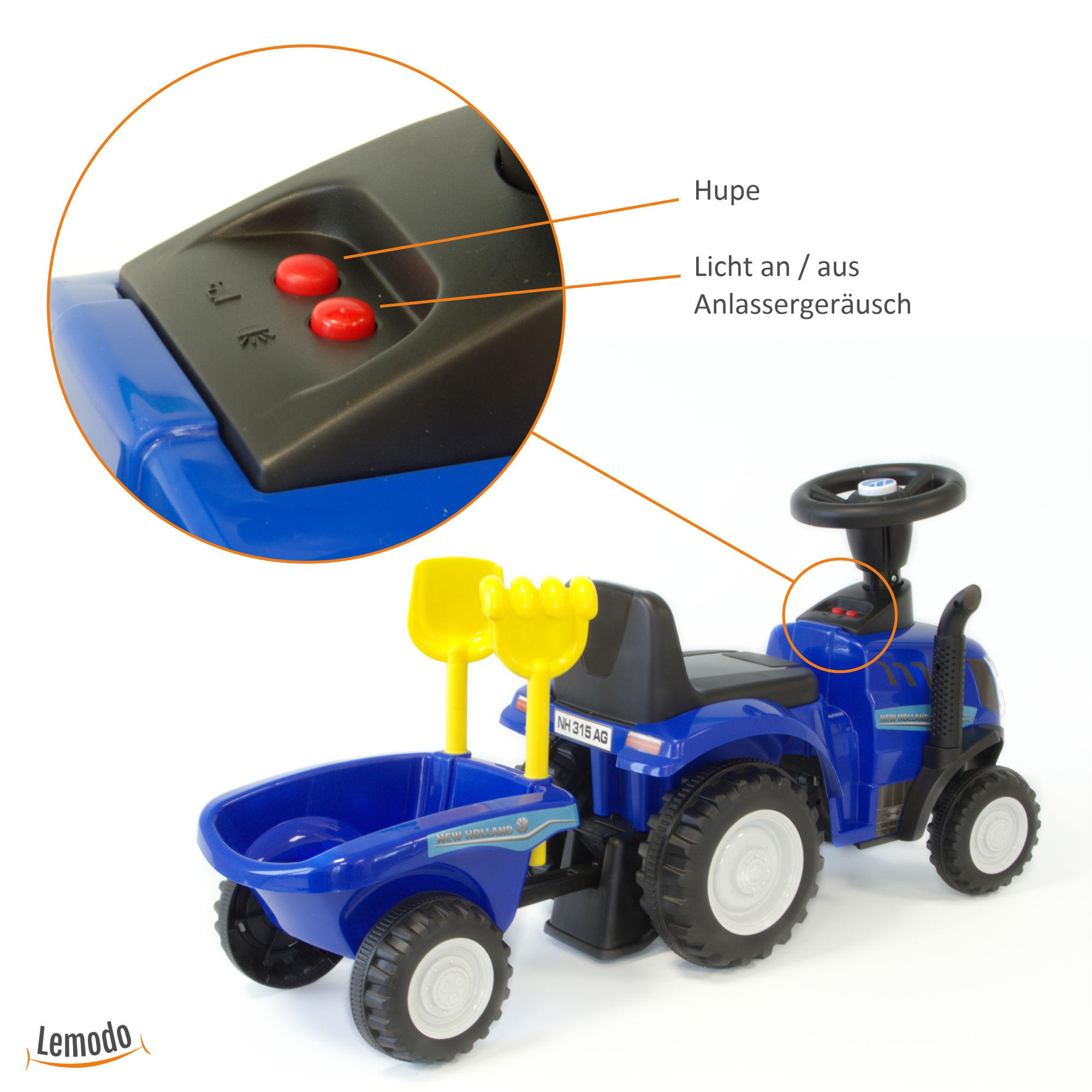 Rutschauto Traktor New Holland mit Anhänger in blau, Kinderauto ab 1 Jahr PT009_B