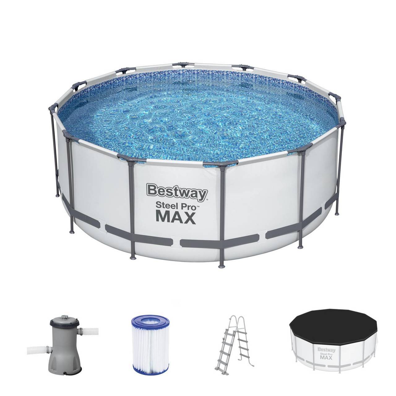 Steel Pro MAX Bestway Frame Pool Komplett-Set mit Filterpumpe Ø 366 x 122 cm, lichtgrau, rund 56420_22